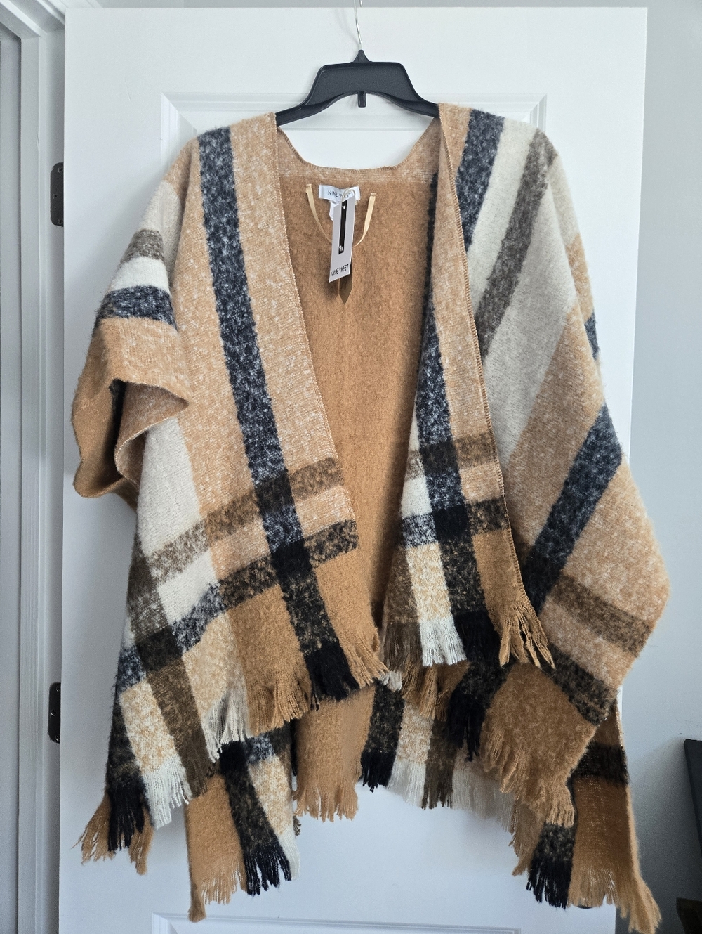 Nine West Plaid Shawl Wrap Womens Open Front Textured NWT
